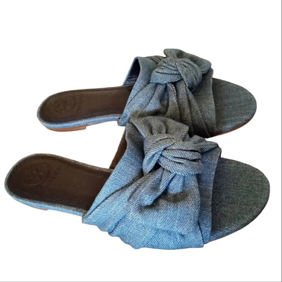 Tory Burch Annabelle Blue Denim Chambray Bow Detail Slide Sandals Size 5.5 New - Picture 2 of 9